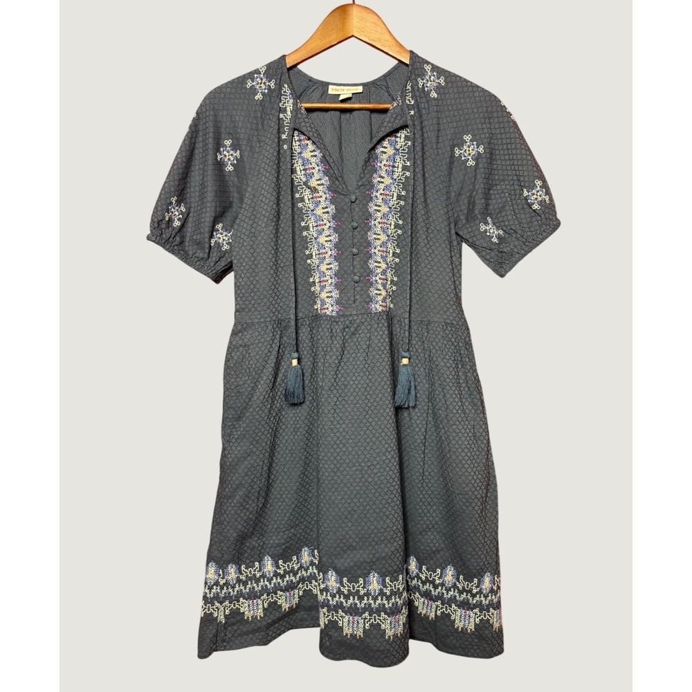 Knox Rose Dress Women XS Gray Excellent Embroidered Tassel Peasant Mini Boho